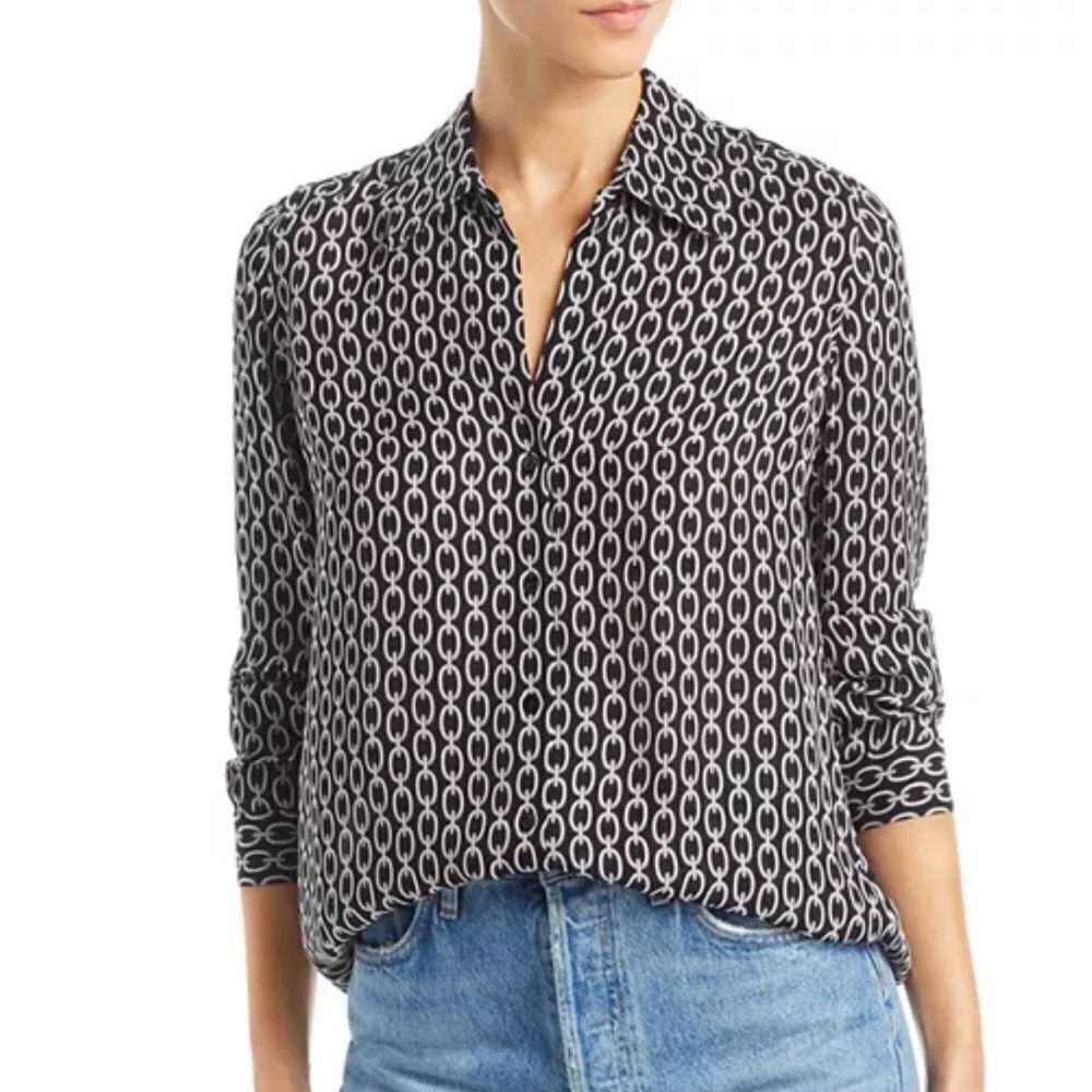 L'AGENCE Nina Black & White Chain Print Silk Blouse XS NWT $390.00